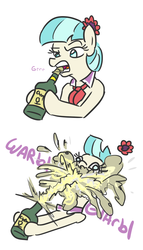 Size: 587x1024 | Tagged: safe, artist:jargon scott, coco pommel, earth pony, pony, g4, alcohol, champagne, clothes, comic, cork, derp, earth pony problems, female, flower, frown, glare, growling, hoof hold, horse problems, mare, mouth hold, silly, silly pony, simple background, solo, wharrgarbl, white background, wide eyes, wine