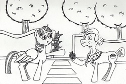 Size: 1131x756 | Tagged: safe, artist:kuroneko, derpibooru exclusive, granny smith, queen chrysalis, twilight sparkle, alicorn, changeling, pony, g4, apple, black and white, disguise, food, grayscale, lazytown, meme, monochrome, traditional art, twilight sparkle (alicorn), we are number one
