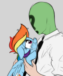 Size: 296x354 | Tagged: safe, artist:mostazathy, rainbow dash, oc, oc:anon, human, pony, g4, crying, duo, floppy ears, holding a pony, looking at each other, profile, sad, simple background, teary eyes