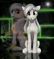 Size: 1280x1403 | Tagged: dead source, safe, artist:discordthege, discord, oc, oc only, oc:boo, earth pony, pony, fallout equestria, fallout equestria: project horizons, duo, fangs, looking at you, open mouth, sitting, slit pupils, smiling, x was discord all along