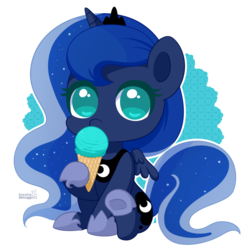 Size: 1024x1024 | Tagged: safe, artist:exceru-karina, princess luna, pony, g4, chibi, crown, cute, eating, ethereal mane, female, food, hnnng, hoof hold, ice cream, ice cream cone, jewelry, looking at you, lunabetes, regalia, simple background, solo, starry mane, transparent background