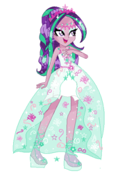 Size: 390x572 | Tagged: safe, artist:gihhbloonde, aria blaze, equestria girls, g4, bare shoulders, base used, braid, clothes, dress, eyelashes, female, gala dress, high heels, makeup, shoes, simple background, sleeveless, smiling, solo, strapless, transparent background