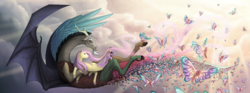 Size: 1600x596 | Tagged: safe, artist:yiuokami, discord, fluttershy, butterfly, draconequus, pegasus, pony, g4, cloud, colored hooves, crepuscular rays, female, floating, flying, holding, looking away, looking up, male, mare, realistic anatomy, realistic horse legs, ship:discoshy, shipping, sky, spread wings, straight, sunlight, windswept mane