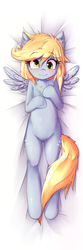 Size: 360x1080 | Tagged: safe, artist:hoodie, derpy hooves, pegasus, pony, semi-anthro, blonde, blonde hair, blonde mane, blonde tail, body pillow, body pillow design, both cutie marks, chest fluff, cute, ear fluff, female, fluffy hair, fluffy mane, fluffy tail, gray coat, gray fur, gray wings, grey wings, looking at you, mare, small wings, smiling, solo, spread wings, tail, tail wrap, wings, yellow eyes, yellow hair, yellow mane, yellow tail