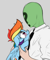 Size: 380x450 | Tagged: safe, artist:mostazathy, color edit, edit, edited edit, rainbow dash, oc, oc:anon, human, pegasus, pony, g4, bedroom eyes, blushing, colored, cropped, cute, dashabetes, female, floppy ears, holding a pony, hug, human male, lidded eyes, looking at each other, looking at someone, male, mare, simple background, smiling, wings