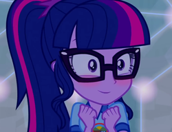 Size: 1023x787 | Tagged: safe, edit, edited screencap, screencap, sci-twi, twilight sparkle, equestria girls, g4, my little pony equestria girls: legend of everfree, blushing, cropped, cute, female, inverted mouth, smiling, solo, twiabetes