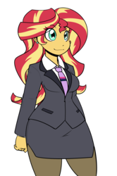 Size: 1237x1861 | Tagged: source needed, safe, artist:reiduran, sunset shimmer, equestria girls, g4, breasts, clothes, cute, ear piercing, earring, female, implied lesbian, implied shipping, implied sunsetsparkle, jewelry, leggings, necktie, pantyhose, piercing, shimmerbetes, shirt, side slit, skirt, skirt suit, smiling, solo, suit, thighs, white shirt, wide hips