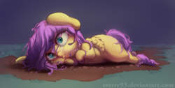 Size: 1024x518 | Tagged: safe, artist:sverre93, fluttershy, pegasus, pony, g4, crying, female, folded wings, mud, prone, sad, solo, teary eyes, wide eyes