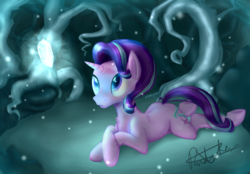 Size: 7200x5000 | Tagged: safe, artist:pucksterv, starlight glimmer, pony, g4, absurd resolution, female, forest, magic, prone, scenery, signature, solo