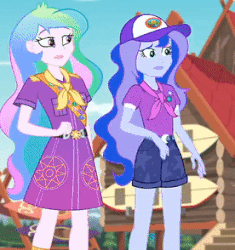 Size: 276x294 | Tagged: safe, screencap, princess celestia, princess luna, principal celestia, vice principal luna, equestria girls, g4, legend of everfree, animated, cropped, crossed arms, female, gif, not sure if, reaction image