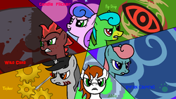 Size: 900x506 | Tagged: safe, artist:vorian caverns, oc, oc only, oc:able, oc:bip drop, oc:candle flicker, oc:tinker, oc:vorian caverns, oc:wild card, pony, angry, bust, colored muzzle, cutie mark, female, freckles, group, heterochromia, male, mare, portrait, signature, stallion, text