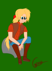 Size: 1035x1424 | Tagged: safe, artist:griggs305, derpibooru exclusive, megan williams, human, g1, boots, clothes, female, high heel boots, jeans, pants, rock, sharp teeth, shoes, signature, simple background, sitting, solo, teeth, wristband