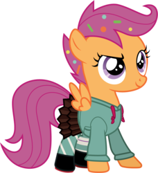 Size: 1001x1097 | Tagged: safe, artist:cloudy glow, scootaloo, pegasus, pony, g4, clothes, clothes swap, cosplay, costume, crossover, cute, cutealoo, disney, female, filly, foal, food, simple background, smiling, solo, sprinkles, transparent background, vanellope von schweetz, vector, wreck-it ralph