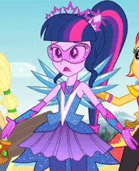 Size: 276x338 | Tagged: safe, screencap, applejack, sci-twi, sunset shimmer, twilight sparkle, equestria girls, g4, my little pony equestria girls: legend of everfree, animated, cropped, crystal guardian, crystal wings, female, gif, ponied up, super ponied up