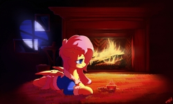 Size: 2000x1200 | Tagged: safe, artist:freeedon, fluttershy, pegasus, pony, g4, blue sweater, blushing, bottomless, carpet, chin fluff, clothes, colored pupils, cookie, cup, cute, ear fluff, female, fire, fireplace, fluffy, food, indoors, mare, neck fluff, night, on floor, partial nudity, pink hair, pink mane, pink tail, prone, rug, shyabetes, smiling, solo, story in the source, sweater, sweatershy, tea, teacup, window light, yellow coat