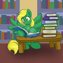 Size: 1024x1024 | Tagged: safe, artist:yoshimarsart, oc, oc only, oc:summer raine, pegasus, pony, book, female, mare, reading, solo, table, watermark