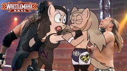 Size: 1191x670 | Tagged: safe, artist:m33893, beard, chokehold, eyes closed, facial hair, hbk, ponified, shawn michaels, the undertaker, undertaker, wrestlemania, wrestling, wwe