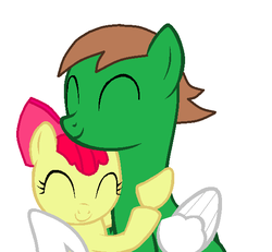 Size: 582x538 | Tagged: safe, apple bloom, oc, oc:ian, pegasus, pony, g4, base used, duo, eyes closed, hug, ms paint, simple background, white background, white wings, winghug