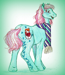 Size: 1070x1230 | Tagged: safe, artist:animagicworld, winter ice, earth pony, pony, g3, clothes, colored pencil drawing, female, looking at you, looking back, looking back at you, mare, not minty, older, open mouth, open smile, scarf, smiling, solo, striped scarf, traditional art