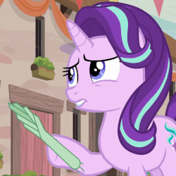Size: 506x506 | Tagged: safe, edit, edited screencap, screencap, starlight glimmer, pony, g4, to where and back again, animated, female, gif, leek, leek spin, solo