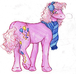 Size: 1254x1230 | Tagged: safe, artist:animagicworld, pinkie pie (g3), pony, g3, clothes, earmuffs, female, scarf, solo, traditional art, winter