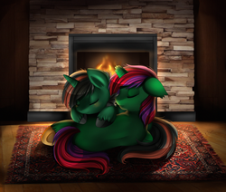 Size: 2670x2262 | Tagged: safe, artist:pridark, oc, oc only, pony, unicorn, broken horn, commission, cute, eyes closed, fireplace, high res, horn, pony pillow, rug, sleeping, wavy mouth