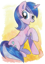 Size: 3408x4854 | Tagged: source needed, safe, artist:yulyeen, amethyst star, sparkler, oc, oc:tinisparkler, pony, unicorn, g4, absurd resolution, female, happy, looking back, mare, open mouth, raised hoof, sitting, solo, traditional art