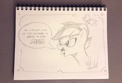 Size: 1100x751 | Tagged: safe, artist:fuzon-s, button mash, earth pony, pony, g4, andy price style, bust, copyright silliness, crossover, foal, male, mocking, monochrome, pencil drawing, portrait, quote, reference, sketch, solo, sonic colors, sonic the hedgehog, sonic the hedgehog (series), style emulation, tongue out, traditional art