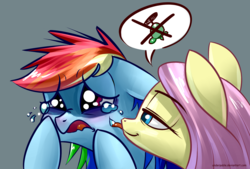 Size: 1748x1181 | Tagged: safe, artist:underpable, fluttershy, rainbow dash, tank, g4, tanks for the memories, crying, duo, duo female, female, flutterbitch, lesbian, licking, open mouth, pictogram, ship:flutterdash, shipping, simple background, teal background, tongue out, tough love, x, your tears are delicious