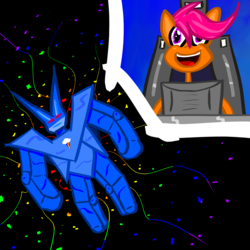 Size: 3440x3440 | Tagged: safe, artist:draders, rainbow dash, scootaloo, g4, high res, pilot, space