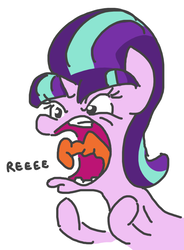 Size: 632x858 | Tagged: safe, artist:jargon scott, starlight glimmer, pony, unicorn, g4, angry, dialogue, female, long tongue, open mouth, ragelight glimmer, reeee, simple background, solo, tongue out, white background