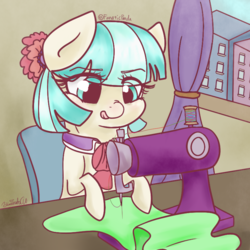 Size: 800x800 | Tagged: safe, artist:fanaticpanda, coco pommel, earth pony, pony, g4, female, sewing, sewing machine, sitting, solo