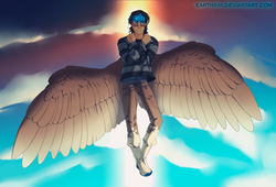 Size: 1300x886 | Tagged: safe, artist:ka-samy, oc, oc only, oc:playthrough, human, pegasus, pony, clothes, cloud, commission, crossed arms, dark skin, flying, glasses, hoodie, humanized, jojo pose, jojo's bizarre adventure, light, looking away, male, pants, pose, shoes, sky, smiling, smirk, solo, spread wings, winged humanization, wings