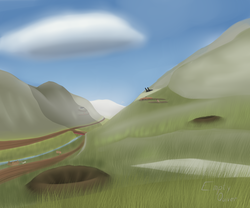 Size: 3600x3000 | Tagged: safe, artist:the-furry-railfan, fallout equestria, fallout equestria: empty quiver, bone, bridge, cart, cloud, crater, dirt road, grass, high res, mountain, mountain range, no pony, road, scenery, sign, skeleton, trench, turret, valley, wagon