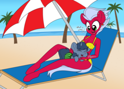 Size: 1400x1006 | Tagged: safe, artist:dativyrose, oc, oc only, oc:b.b., oc:melon frost, unicorn, anthro, unguligrade anthro, beach, beach chair, beach umbrella, bikini, chair, clothes, commission, cute, ear piercing, lip piercing, ocean, palm tree, piercing, sand, swimsuit, tree, uguu, water