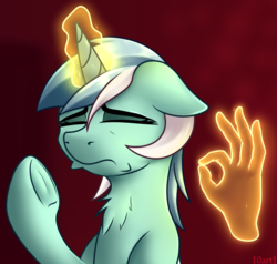 Size: 1576x1500 | Tagged: safe, artist:10art1, lyra heartstrings, pony, g4, eyes closed, female, floppy ears, frown, hand, lyra doing lyra things, magic, magic hands, meme, solo, the emperor's new groove, when x just right, 👌