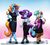 Size: 900x812 | Tagged: safe, artist:zwitterkitsune, coco pommel, rarity, sassy saddles, unicorn, anthro, unguligrade anthro, g4, clothes, eyeshadow, female, glasses, group, handbag, height difference, lipstick, looking at you, makeup, open mouth, signature, sunglasses, trio, trio female