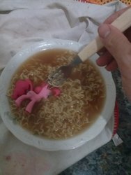 Size: 1920x2560 | Tagged: safe, pinkie pie, g4, bowl, food, fork, funko, hand, instant noodles, irl, noodles, photo, ramen, toy, wat, why