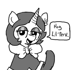 Size: 640x600 | Tagged: safe, artist:ficficponyfic, oc, oc only, oc:joyride, pony, unicorn, colt quest, bags under eyes, black and white, bowtie, clothes, cloud, ear piercing, eyeshadow, female, grayscale, happy, horn, leggings, makeup, mantle, mare, monochrome, piercing, plot twist, simple background, smiling, solo, story included, tired, waving, white background