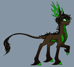 Size: 2329x2122 | Tagged: safe, artist:australian-senior, oc, oc only, oc:rick invictus, alicorn, kirin, pony, kirindos, adventure core, alternate universe, antlers, colored hooves, colored sclera, crossover, gray background, green eyes, high res, leonine tail, portal, portal (valve), portal 2, scales, simple background, solo, unshorn fetlocks