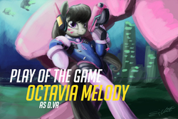 Size: 1024x683 | Tagged: safe, artist:eddywardster, octavia melody, earth pony, pony, semi-anthro, g4, crossover, d.va, female, flight suit, gun, handgun, headphones, hoof hold, hooves, mare, mecha, overwatch, pistol, play of the game, solo, text, weapon, whisker markings