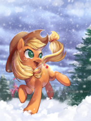 Size: 2000x2667 | Tagged: dead source, safe, artist:marejestic, applejack, earth pony, pony, g4, female, galloping, high res, open mouth, snow, snowfall, solo, tree, watermark