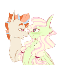 Size: 2926x3000 | Tagged: safe, artist:kittii-kat, oc, oc only, oc:angelique, oc:trailblaze, earth pony, pegasus, pony, bust, cheek fluff, chest fluff, colored pupils, eye contact, female, high res, lidded eyes, looking at each other, male, mare, neck fluff, simple background, stallion, white background