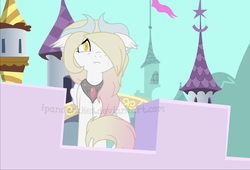 Size: 1280x870 | Tagged: safe, artist:ipandacakes, oc, oc only, oc:valkyrie, hybrid, pony, :t, canterlot castle, female, interspecies offspring, mare, offspring, parent:discord, parent:princess celestia, parents:dislestia, solo