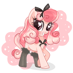 Size: 2449x2449 | Tagged: safe, artist:peachesandcreamated, oc, oc only, oc:powder puff, earth pony, pony, bow, clothes, female, hair bow, heart eyes, high res, mare, neck bow, simple background, socks, solo, watermark, white background, wingding eyes