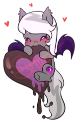 Size: 2800x4400 | Tagged: safe, artist:silverknight27, part of a set, oc, oc only, bat pony, pony, blushing, chibi, chocolate heart, female, heart, high res, mare, nom, part of a series, simple background, solo, transparent background