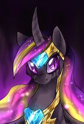 Size: 716x1059 | Tagged: safe, artist:not-ordinary-pony, princess cadance, alicorn, pony, g4, alternate universe, armor, bust, colored pupils, crystal heart, curved horn, female, glowing mane, horn, jewelry, long mane, looking at you, nightmare cadance, nightmare heart, nightmarified, portrait, regalia, slit pupils, solo