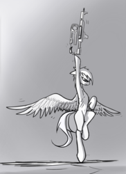 Size: 1461x2009 | Tagged: safe, artist:fenixdust, oc, oc only, pegasus, pony, balancing, belly button, female, gradient background, grayscale, gun, mare, monochrome, nudity, raised leg, solo, spread wings, weapon