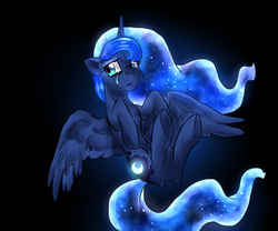 Size: 1382x1152 | Tagged: safe, artist:not-ordinary-pony, princess luna, pony, g4, black background, crying, darkness, female, galaxy mane, glowing cutie mark, glowing mane, looking away, simple background, solo, spread wings, underhoof