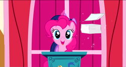 Size: 1360x730 | Tagged: safe, screencap, pinkie pie, earth pony, pony, applebuck season, g4, happy, magic, paper, smiling, stack, town hall